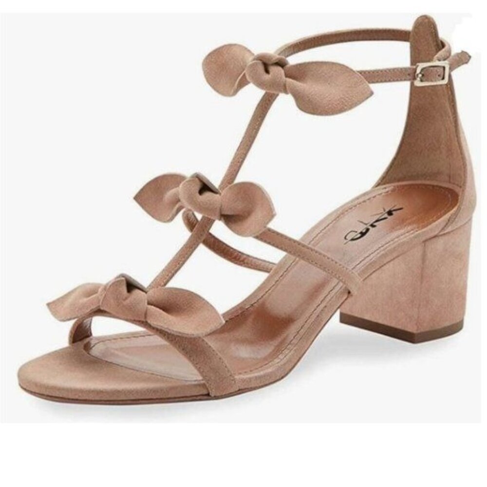 XYD Bow Accent T-Strap Block Heel Sandals in Light Taupe